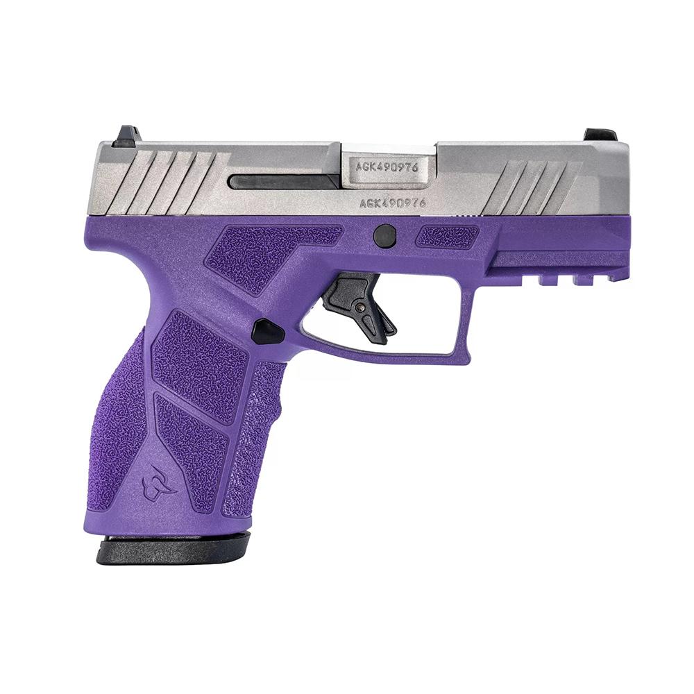Purple and silver handgun on white background.