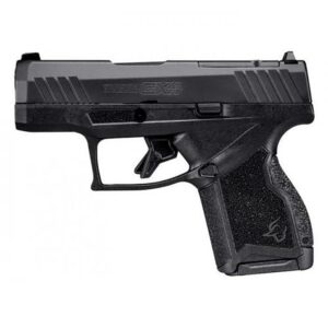 Black handgun on white background