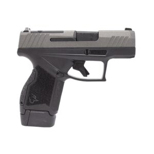 Compact black handgun on white background.
