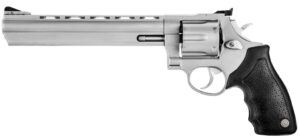 Silver revolver with black grip on white background.