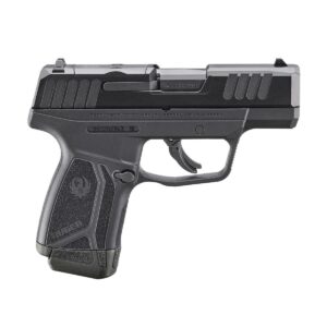Black handgun, side view, Ruger branding.