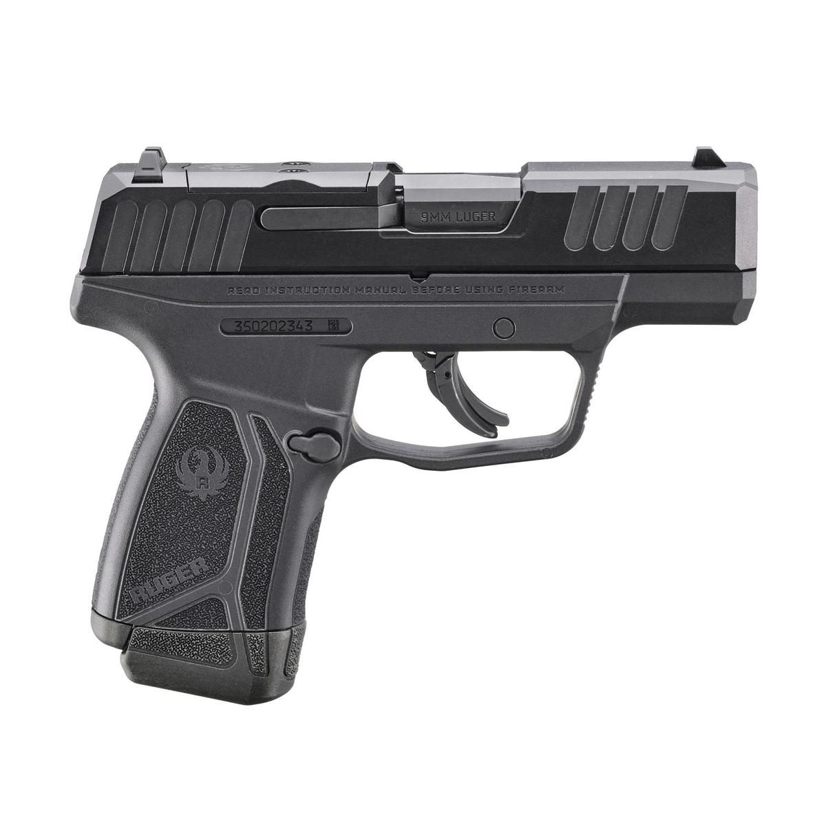 Black handgun, side view, Ruger branding.