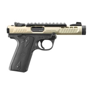 Black and tan semi-automatic pistol, side view.