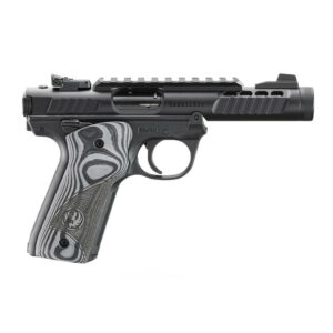 Black pistol with textured grip and rail system.