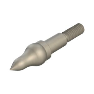 Metal spear-shaped tip with threaded end.