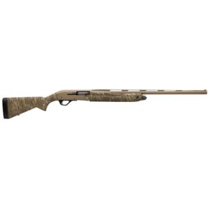 Camouflage-patterned hunting shotgun with long barrel.