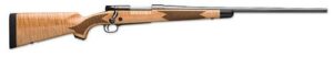 Wooden bolt-action rifle with long barrel