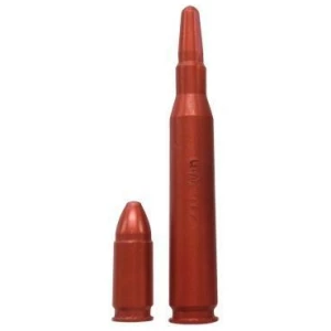 Two red dummy ammunition rounds displayed side by side.