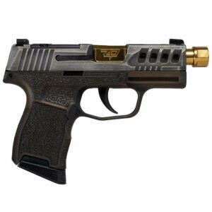 Sig Sauer P365 "Gold Bug" Handgun 9mm luger 10rd Magazines(2) 3.7" Threaded Gold Barrel Tactical Cut Distressed Grey Slide/Brown Grip Octagon Stippling