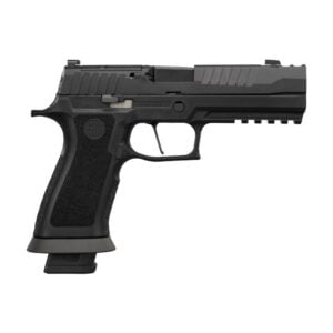 Black semi-automatic pistol on white background
