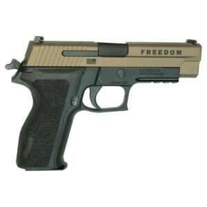 Semi-automatic pistol with 'FREEDOM' engraving on slide.