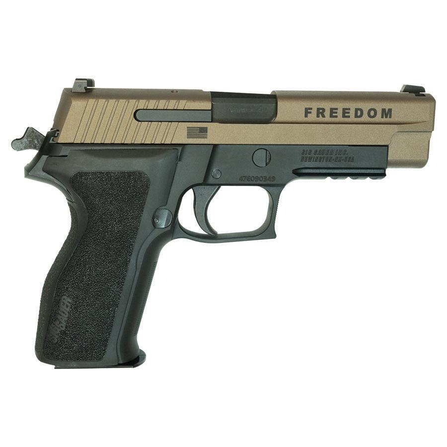 Semi-automatic pistol with 'FREEDOM' engraving on slide.