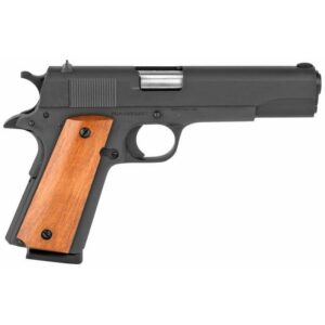Black handgun with wooden grip