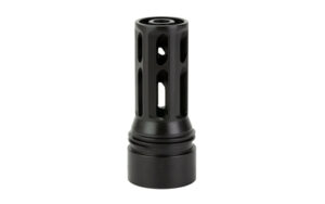Black cylindrical metal muzzle brake device