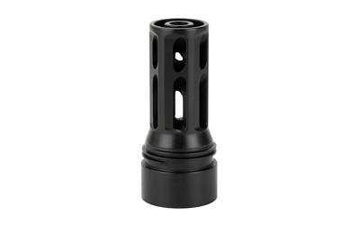 Black cylindrical metal muzzle brake device