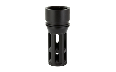 Black cylindrical metal muzzle device with slots