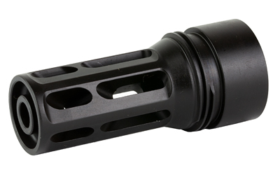 Black metal muzzle brake on white background