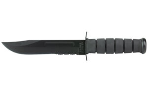 Black tactical knife with serrated blade and handle