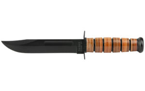 Black fixed-blade knife with leather handle