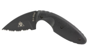 Curved serrated fixed-blade knife with black handle