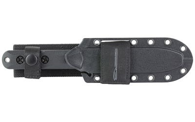 Black fixed-blade knife in sheath with belt clip