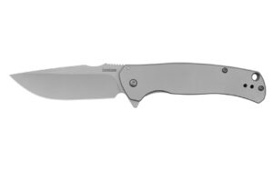 Gray folding pocket knife on white background
