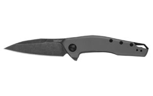 Gray folding pocket knife on white background