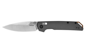 Gray folding pocket knife with metal blade