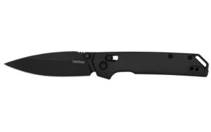 Black folding pocket knife on white background