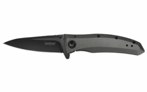 Black folding pocket knife with gray handle