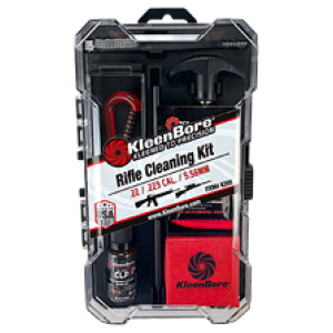 KleenBore rifle cleaning kit in clear plastic case.