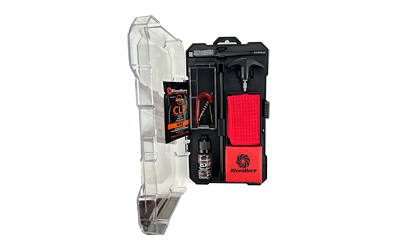 Firearm cleaning kit with tools and lubricant bottle.