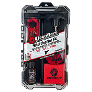 KleenBore pistol cleaning kit in a clear case.