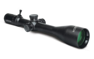 Black rifle scope with adjustment turrets and lens