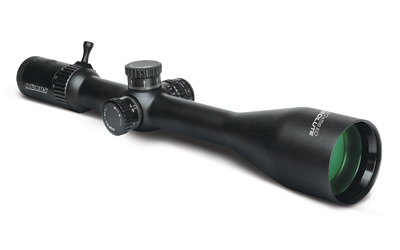 Black rifle scope with adjustment turrets and lens