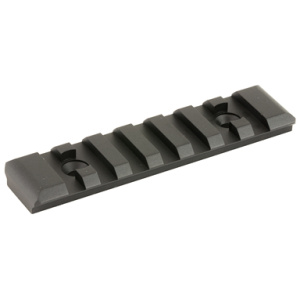 Black tactical rail for mounting accessories.