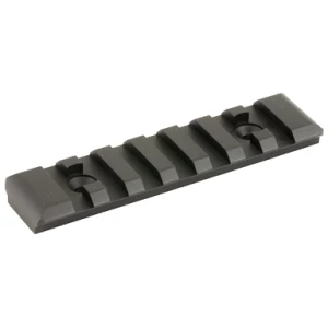 Black tactical rail for mounting accessories.