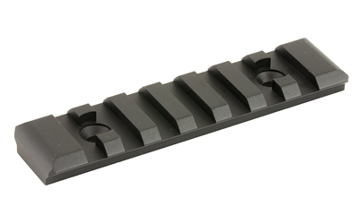 Black tactical rail for mounting accessories.