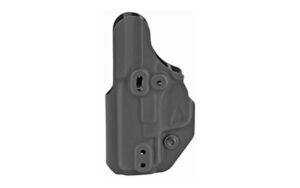 Black molded pistol holster on white background
