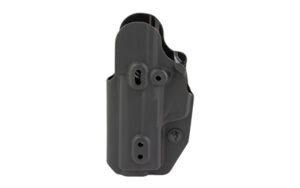 Black polymer handgun holster on white background