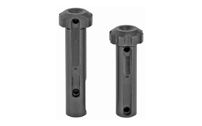 Two black cylindrical metal fasteners with holes