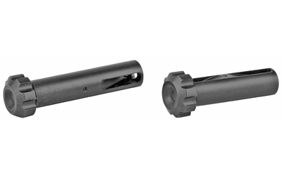 Two black cylindrical plastic fasteners on white background
