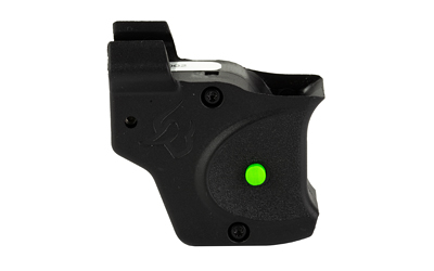 Black compact laser sight with green indicator