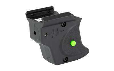 Black handgun laser sight with green indicator