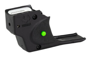 Black firearm laser sight with green indicator light