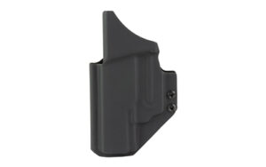 Black molded handgun holster on white background