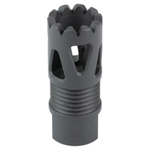 Black rifle muzzle brake with serrated edges.