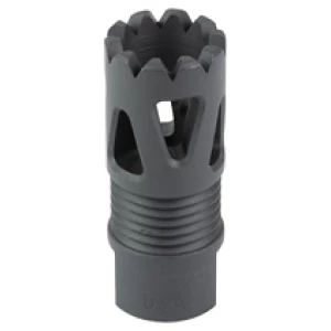 Black rifle muzzle brake with serrated edges.