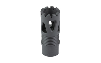 Black rifle muzzle brake with serrated edges.
