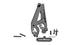 Rifle front sight block assembly parts on white background.